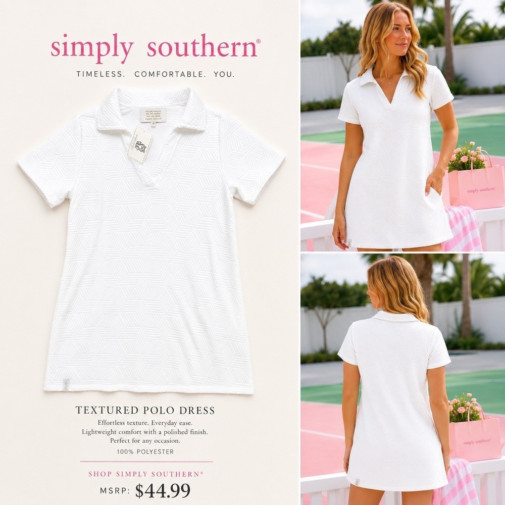 Simply Southern Ivory Textured Knit Polo Dress Geometric Hexagon V-Neck Medium